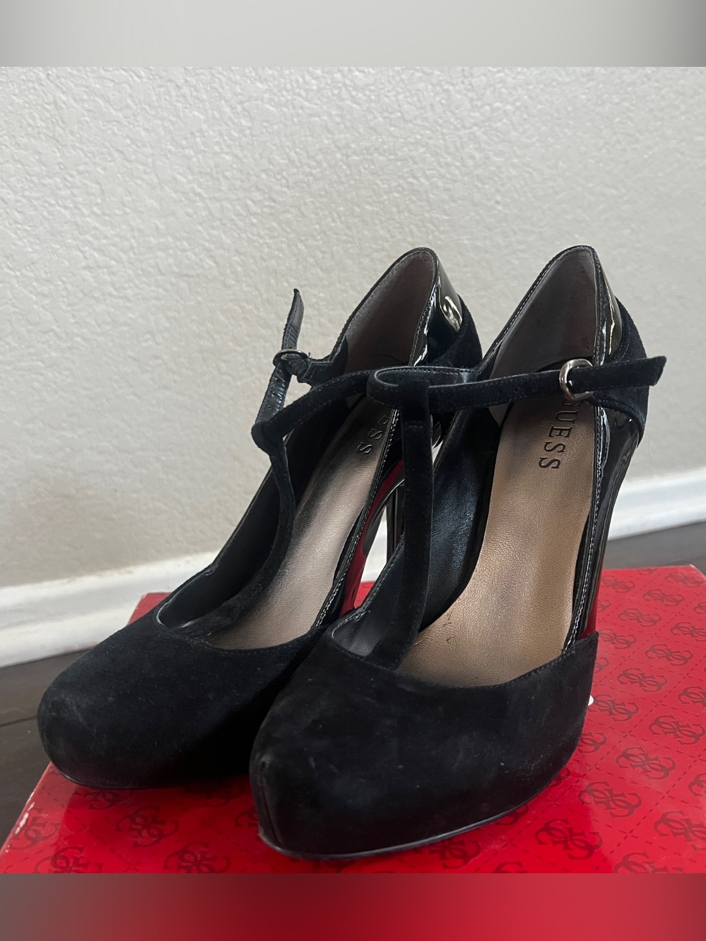Guess Black Suede T-Strap High Heels